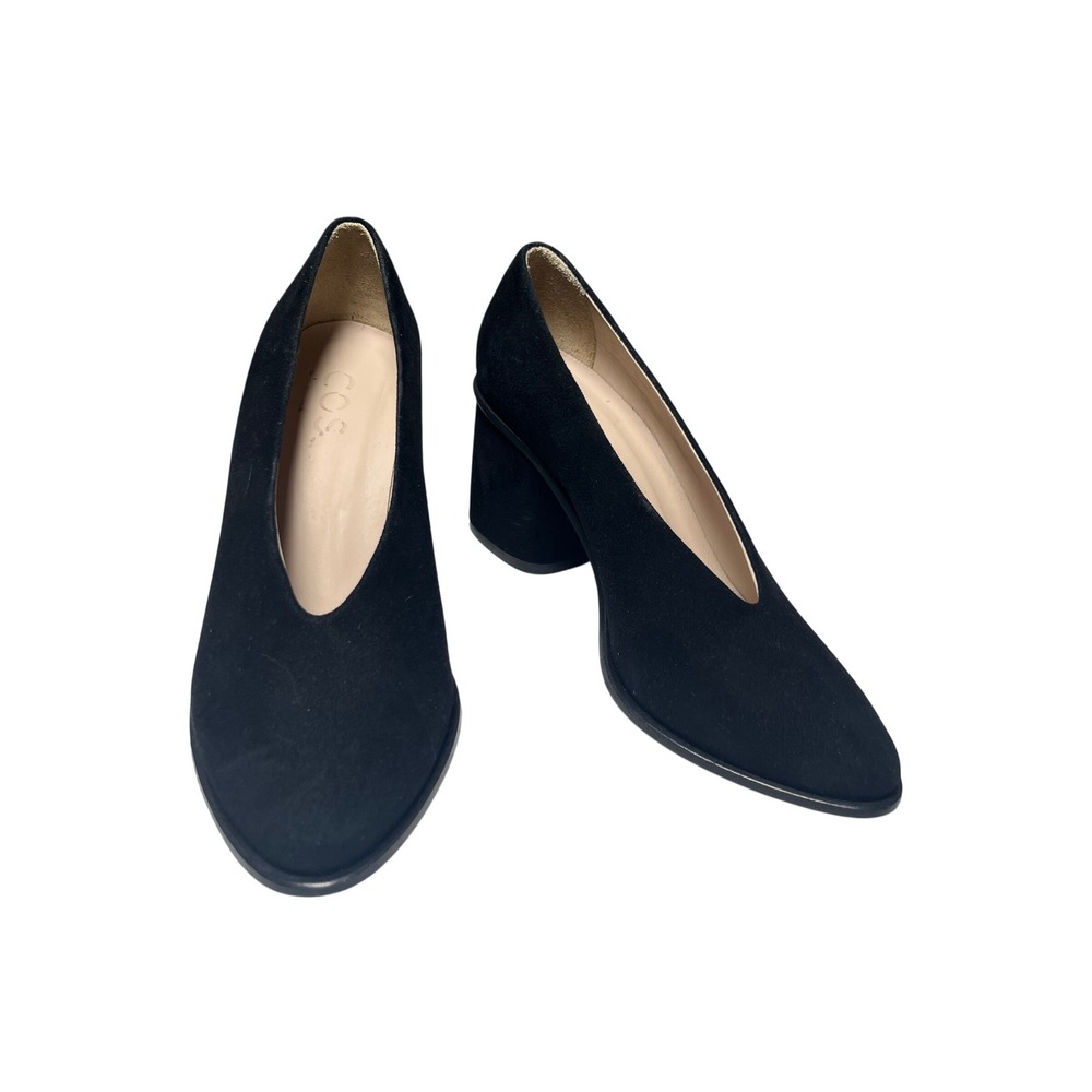 COS Black Suede Block Heel Pumps‎ V Cut Almond Toe EU 36 US 5.5
